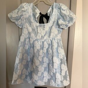 Topshop Light Blue and White Floral Puff-Sleeve Dress with Back Tie